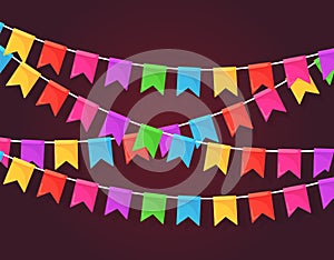 Banner with garland of colour festival flags and ribbons, bunting. Background for celebrate happy birthday party, carnaval, fair.