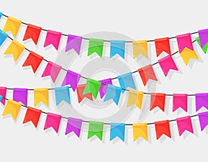 Banner with garland of colour festival flags and ribbons, bunting. Background for celebrate happy birthday party, carnaval, fair.