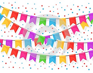 Banner with garland of colour festival flags and ribbons, bunting. Background for celebrate happy birthday party, carnaval, fair.