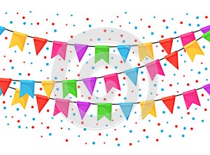 Banner with garland of colour festival flags and ribbons, bunting. Background for celebrate happy birthday party, carnaval, fair.