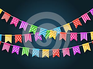 Banner with garland of colour festival flags and ribbons, bunting. Background for celebrate happy birthday party, carnaval, fair.