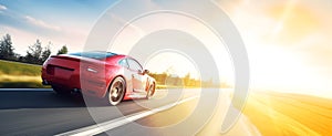 Banner of a generic and unbranded red sport car running in sunset, ai generative illustration