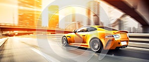 Banner of a generic and unbranded sport car running in a modern city, ai generative illustration