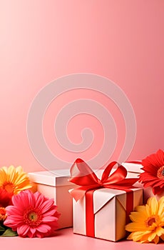 Banner with gift boxes tied with ribbons and decorated with gerbera flowers. Red-pink tones. copy space, text space