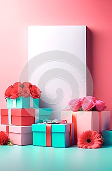 Banner with gift boxes tied with ribbons and decorated with roses and gerberas. Pink and turquoise colors. copy space