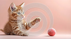 Banner with ginger kitten on soft pink background and blank space for text