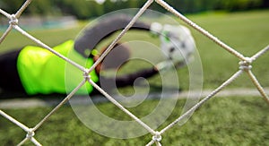 Banner Goalkeeper soccer man catching ball in stadium, action moment of sport