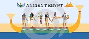 Banner with gods of ancient Egypt floating in boat, flat vector illustration.