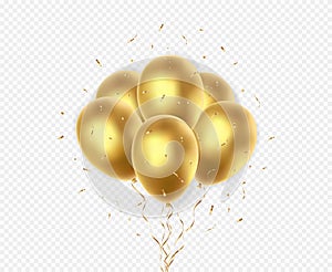 Banner with gold floating balloons isolated on transparent background.