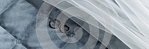 Banner Gold Wedding Rings on Blue Quilted Fabric