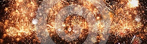 Banner Golden Firework celebrate anniversary happy new year 2023, 4th of july holiday festival. colorful gold firework celebrate