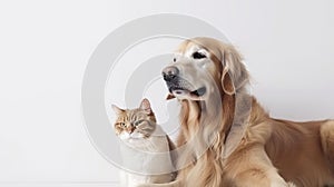 Banner with golden retriever and cat. Copy space. Generative AI