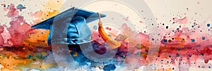 Banner with graduation cap and watercolor splashes, illustration. Generated by AI