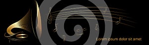 Banner with a gramophone and notes, the name is made in gold text on a black background for the design of musical events, albums,