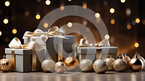 Banner with gray and gold gift boxes tied with ribbons and Christmas decorations on a dark background. AI