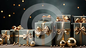 Banner with gray and gold gift boxes tied with ribbons and Christmas decorations on a dark background. AI