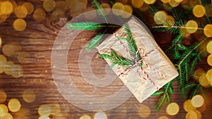 Banner green branches fir tree vintage boxes wooden old brown background. Christmas banner with vintage decor. Flat lay