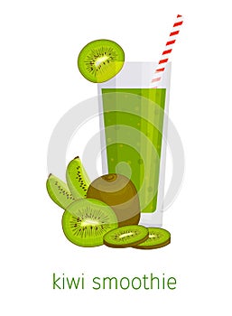 Banner with green smoothies and kiwi fruit. Vector cocktail isolated on white background