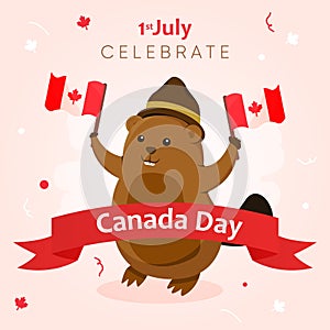 Banner greeting canada day with beaver holding canada`s flag and ribbon