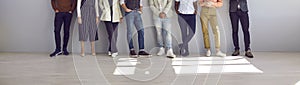 Banner with group of people in smart casual clothes standing in office or studio