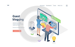 Banner of guest blogging website isometric vector illustration