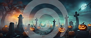 banner Halloween night background with a cemetery and pumpkins and moon. high detailed realistic illustration photo