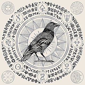 Banner with hand-drawn Raven and magical symbols