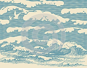 Banner with hand-drawn sea waves in retro style