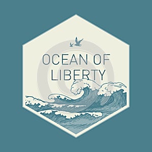 Banner with hand-drawn sea waves in retro style