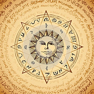 Banner with hand drawn Sun and magical spells