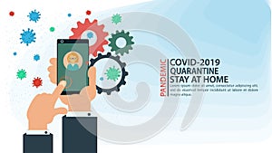 Banner hand presses the call button on the phone on the background of COVID-2019 virus molecules 2019-nCoV flat vector