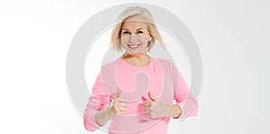 Banner. Happy beautiful close up portrait middle age blonde woman. Mid aged healthy female  on white background with copy