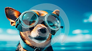 Banner happy chihuahua dog in sunglasses on vacation. Funny pets.