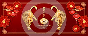 Banner Happy chinese new year 2022. Year of The Tiger charector with asian style. Chinese translation is mean Year of Tiger, Happy