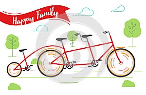 Banner happy family. Red bicycle. Bike rides in the Park