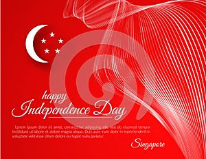 Banner Happy Independence Day Singapore Curved pattern white waveform lines on a red background Patriotic celebration background