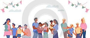 Banner with happy multiracial families with kids, flat vector illustration