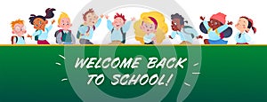 Banner with happy school kids, school blackboard and text back to school greeting.