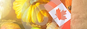 Banner. Happy Thanksgiving Day in Canada. Vegetables, pumpkins, squash, apples, maple and oak leaves, acorns on a wooden backgroun