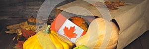 Banner. Happy Thanksgiving Day in Canada. Vegetables, pumpkins, squash, apples, maple and oak leaves, acorns on a wooden backgroun