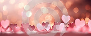 Banner with hearts and bokeh lights on pink background, dreamy and romantic atmosphere for Happy Valentine's Day