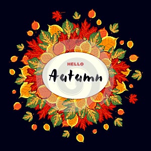 Banner hello autumn. Bright orange leaves around the area with text. Autumn design