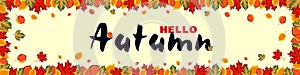 Banner hello autumn. Bright orange leaves around the area with text. Autumn design