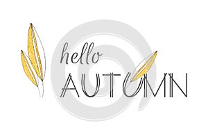 Banner hello autumn lettering with doodling leaves, hand drawing, tracing, isolated, on a white background, for your