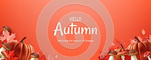 Banner Hello Autumn.  realistic leaves, pumpkins, mushrooms, acorns, chestnut, it's perfect for creatin