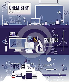 Banner horizontal vector flat courses in physics, chemistry, scientific biology. Slate, chemical formula, voltmeter