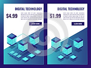 Banner of hosting and data cloud storagem, server room brochure with price, datacenter and database icon isometric