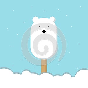 Banner ice cream Polar bear on a wooden stick, snow, snowflakes. Flat style. The shape of a polar bear, on a blue