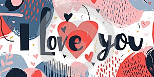 Banner with illustrated red hearts and abstract background and text I love you for Valentine's day. Copy space