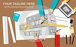 Banner illustration. Architecture concept. Flat design illustration concepts for construction, working, drawing, architectural, b
